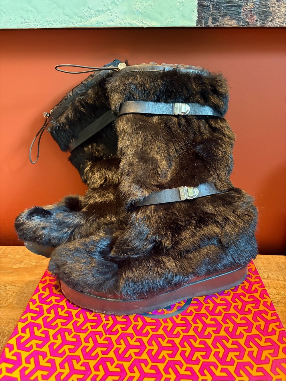 Tory Burch Black Rabbit Fur Winter Boots with Leather Straps